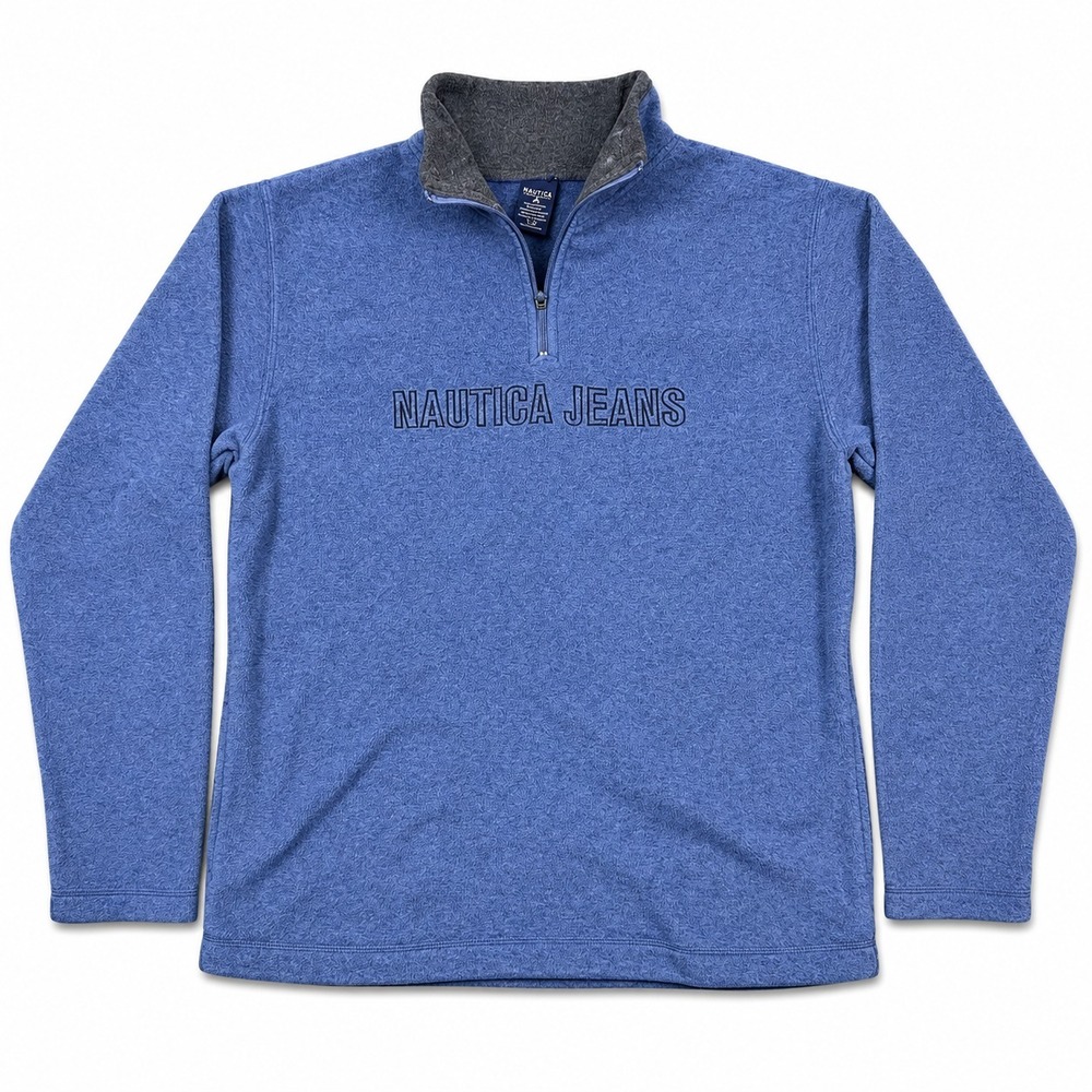 Nautica Jeans Quarter Zip Fleece Pullover Mens Large Blue Embroidered Logo
